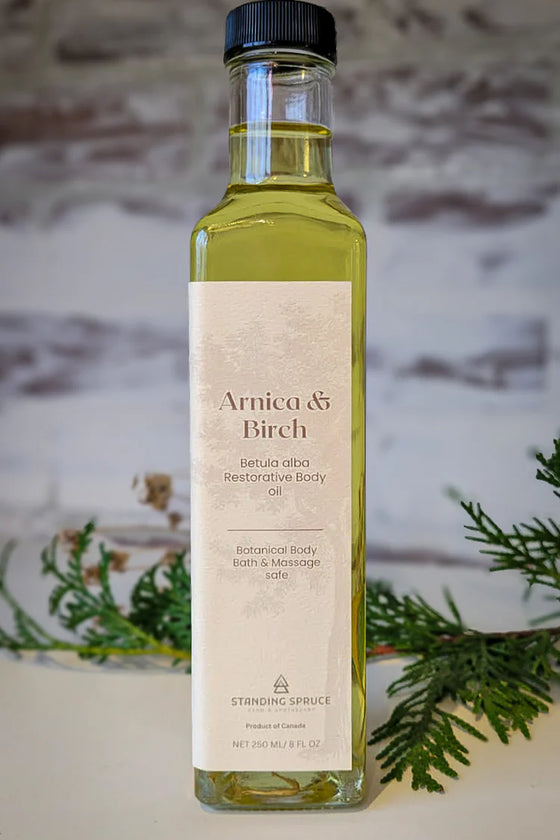 Birch & Arnica body and bath oil 8 oz glass Bottle