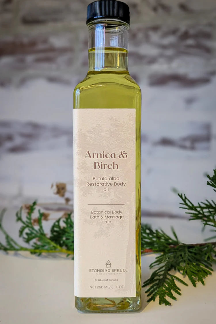 Birch & Arnica body and bath oil 8 oz glass Bottle