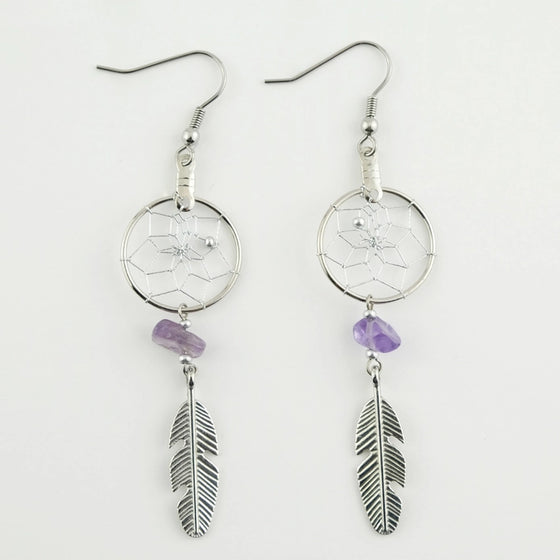 .75" Dream Catcher Earrings with Amethyst and Feather