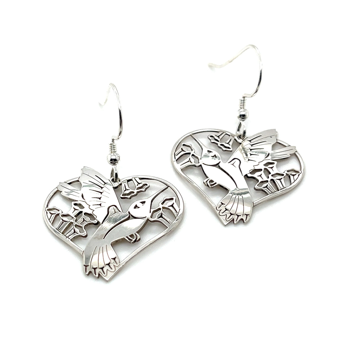 Sterling Silver Heart Hummingbird Earrings