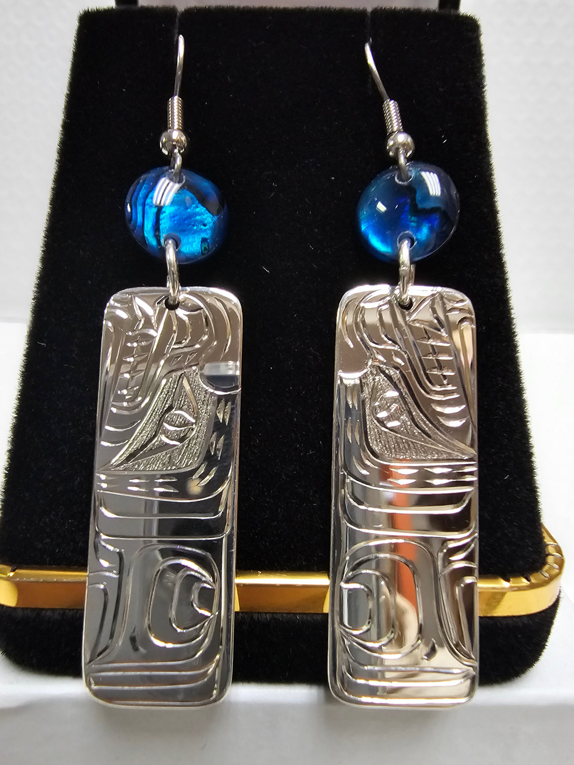 Bear Rectangle Blue Abalone Shell Earrings by Vincent Henson