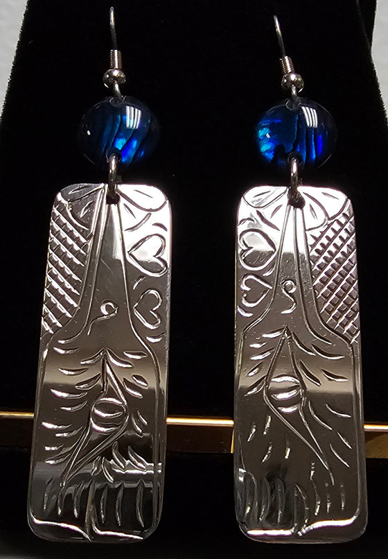 Rectangle Hummingbird Earrings Blue Abalone by Vincent Henson