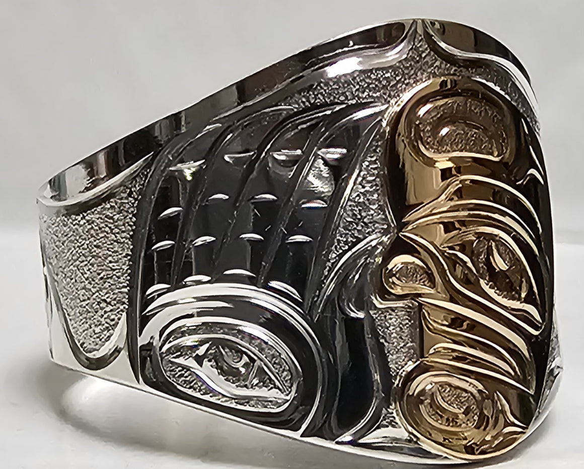 Tsonokwa (Wild woman) Silver Gold Ring by Joe Descoteax