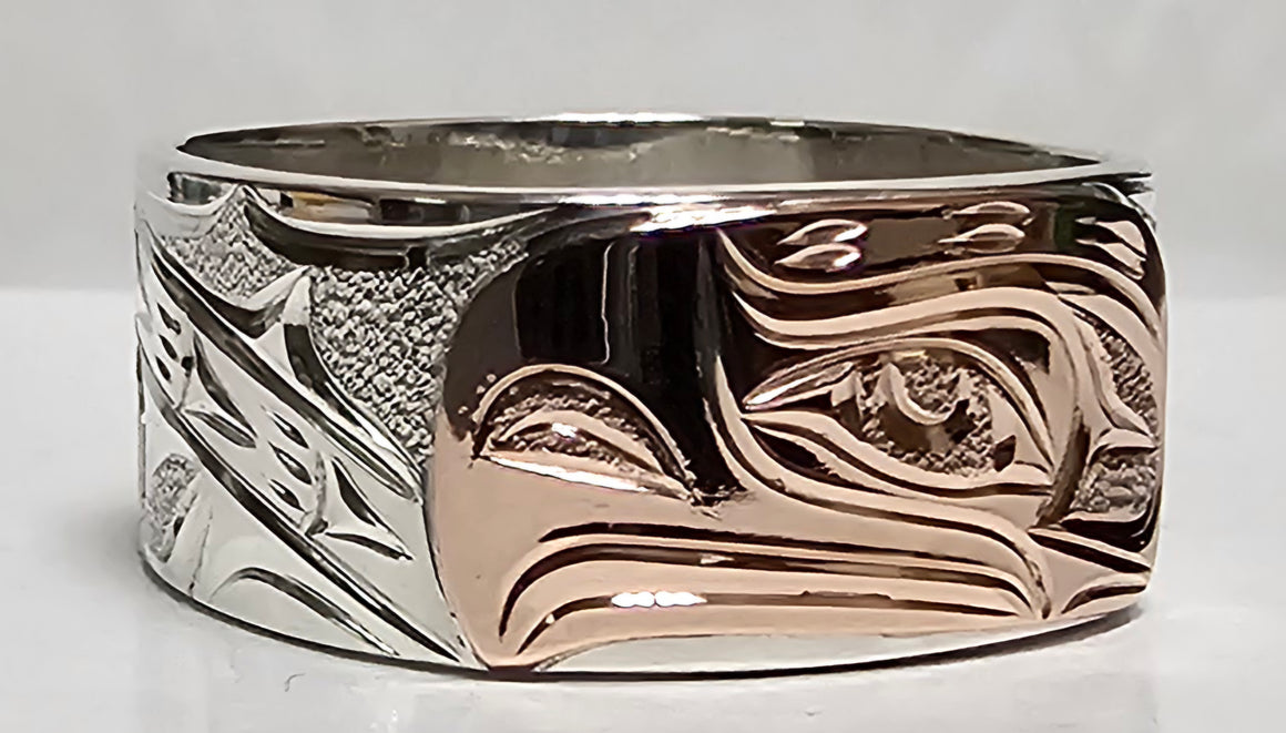 Thunderbird Square Silver Gold Ring 3/8 Size 10.5 by Joe Descoteax