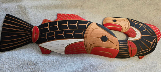 Two Salmon Carving by Neil Baker