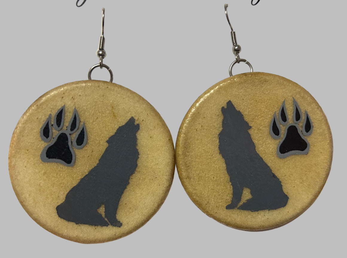 Wolf Design Drum Earrings