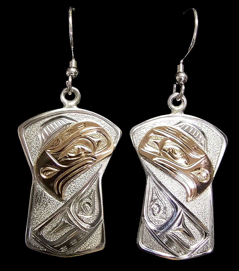 Eagle Shield Earrings Silver & Gold by Joe Descoteaux