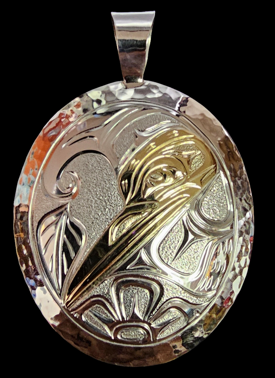 Silver Gold Oval Hummingbird Pendant by Joe Descoteaux