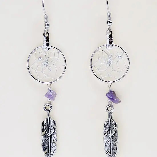 Dream Catcher Earrings With Amethyst Stone