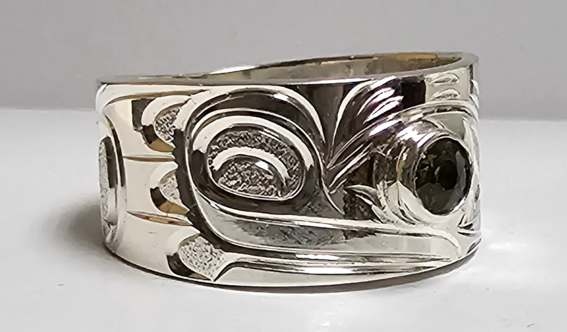 Frog Silver Ring With Green Synthetic Gem 3/8" Size 7