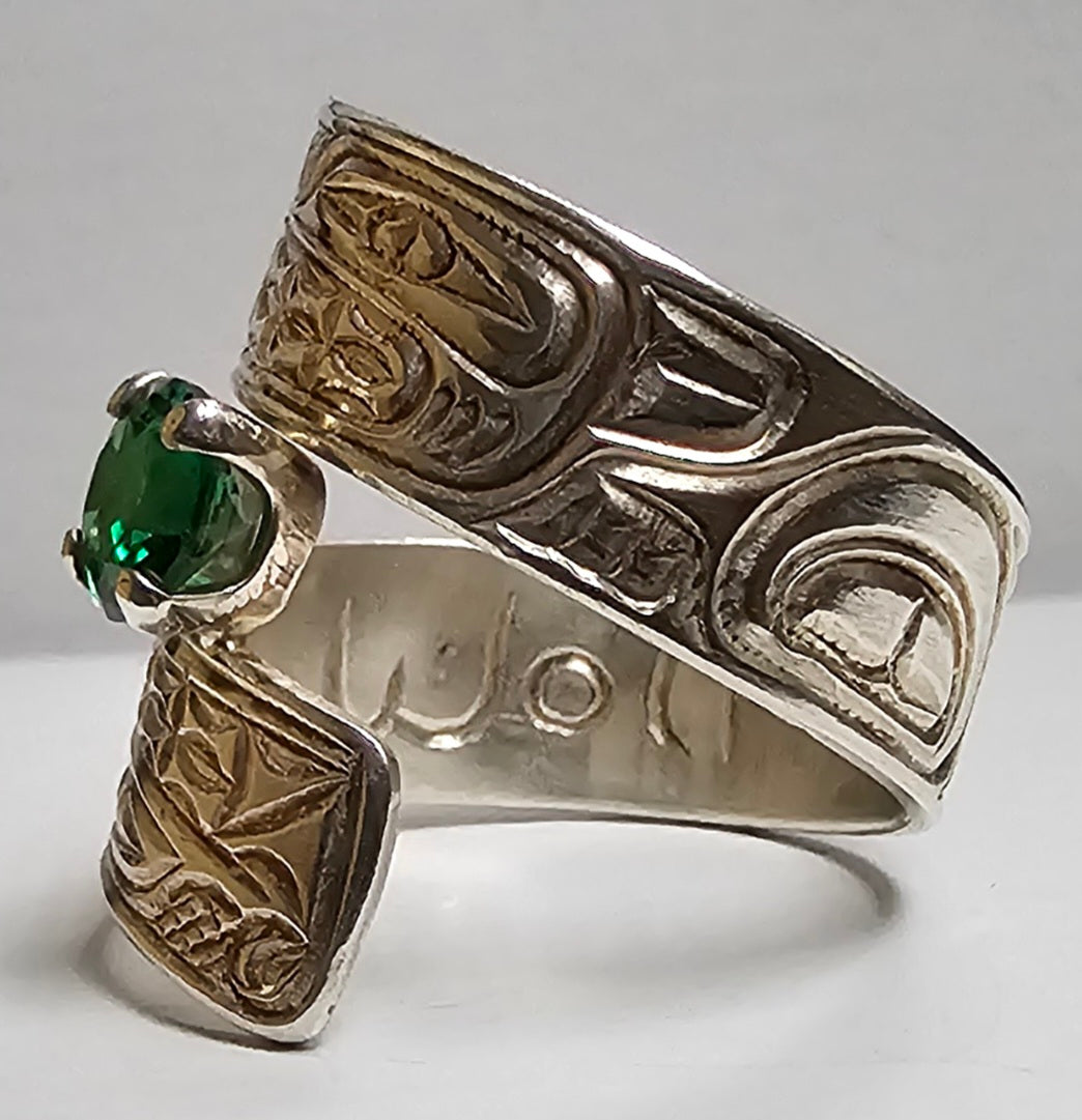 Wolf Wrap Silver Green Gem Ring 3/8 Size 7.5