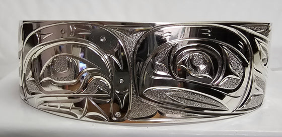 Orca and Salmon 3/4" Silver Bracelet by Joe Descoteaux