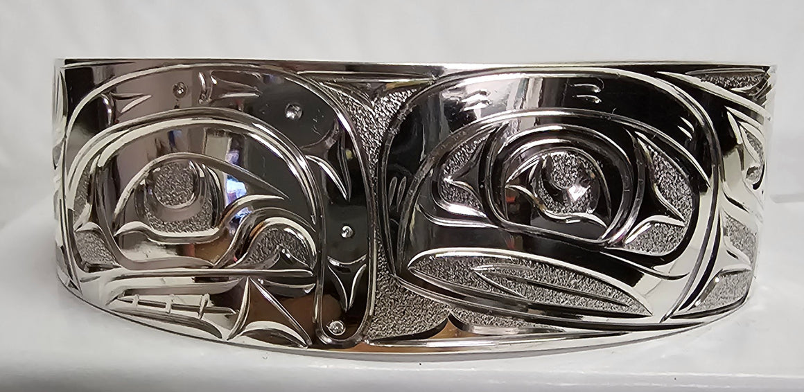 Orca and Salmon 3/4" Silver Bracelet by Joe Descoteaux