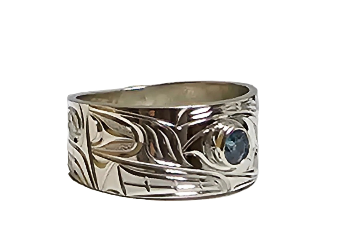 Silver Wolf Ring With Synthetic Blue Gem 3/8" Size 9