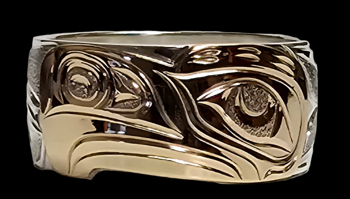 Thunderbird 3/8" Silver Gold Ring Size 9 1/2 by Joe Descoteax