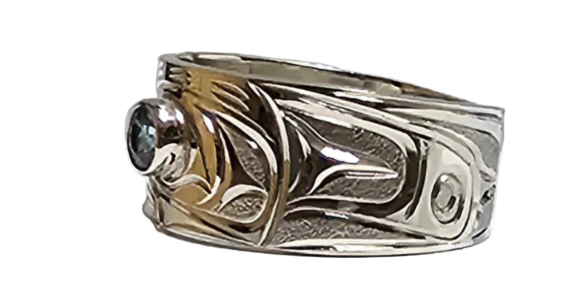 Silver Wolf Ring With Synthetic Blue Gem 3/8" Size 9