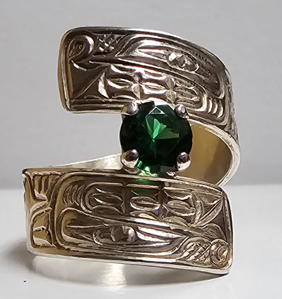 Wolf Wrap Silver Green Gem Ring 3/8 Size 7.5