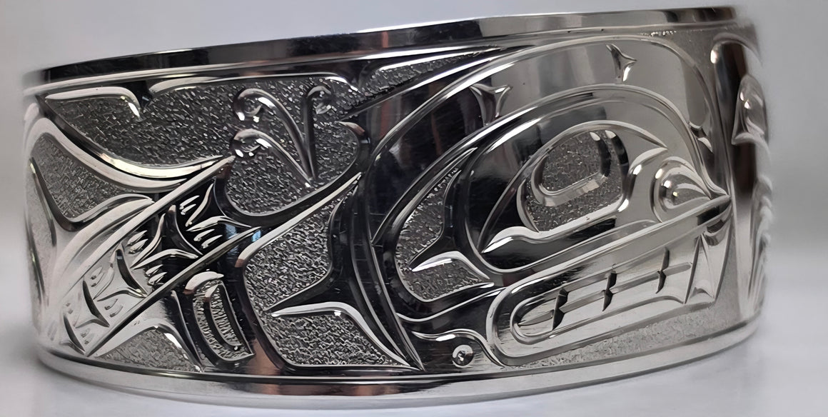 Thunderbird & Orca Silver 1" Bracelet by Joe Descoteaux