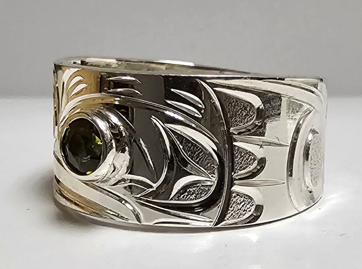 Frog Silver Ring With Green Synthetic Gem 3/8" Size 7