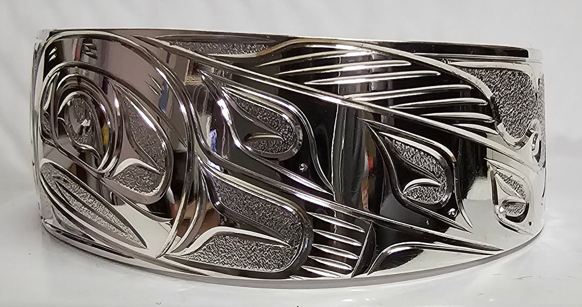 Orca and Salmon 3/4" Silver Bracelet by Joe Descoteaux