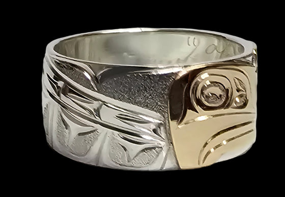 Thunderbird 3/8" Silver Gold Ring Size 9 1/2 by Joe Descoteax