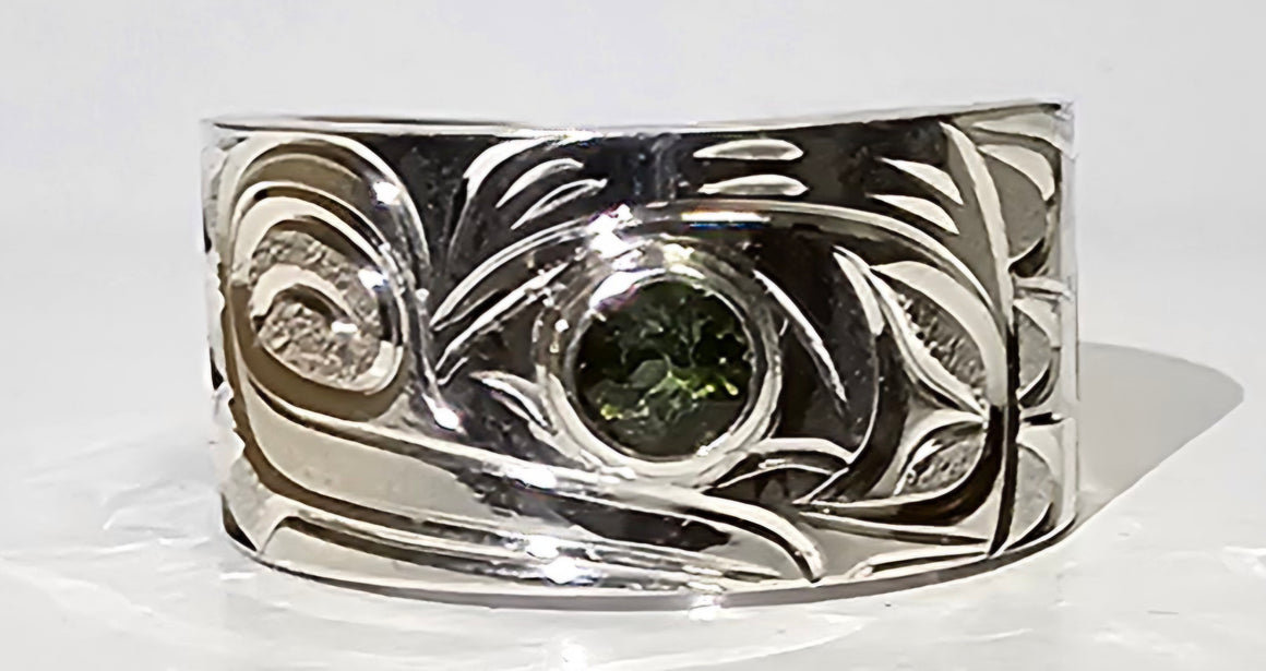 Frog Silver Ring With Green Synthetic Gem 3/8" Size 7