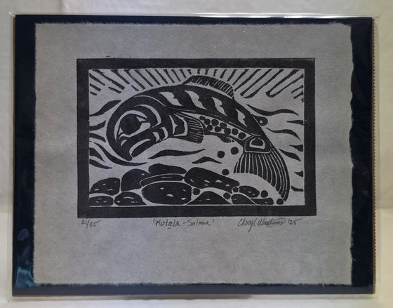 Salmon design - Lino Block Print Unframed by Cheryl Wadhams