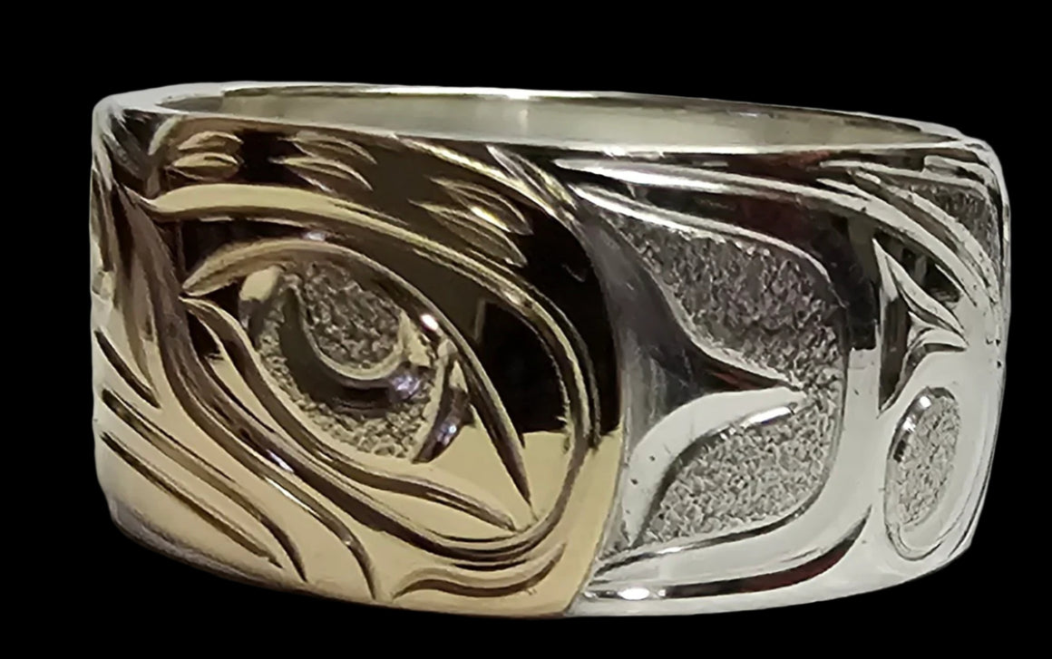 Thunderbird 3/8" Silver Gold Ring Size 9 1/2 by Joe Descoteax