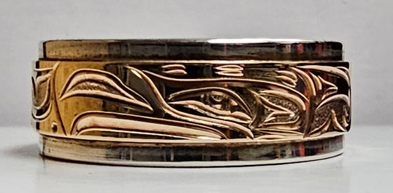 Thunderbird Silver Gold Wrapped Ring by Joe Descoteaux 3/8 Size 11 1/4