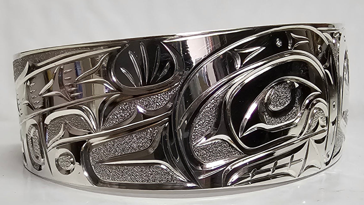 Orca and Salmon 3/4" Silver Bracelet by Joe Descoteaux