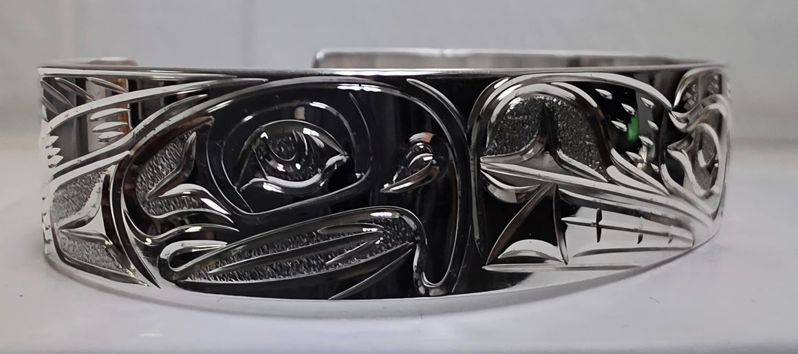 Bear & Salmon Silver Bracelet 1/2" by Joe Descoteaux